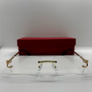 Unisex Rectangle C Rimless Clear Lens Glasses with Gold Accents